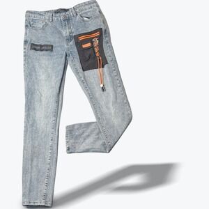 Palm Angels Logo Patch Jeans Mens 30 Cargo Pocket Designer Denim BLK Orange Trim